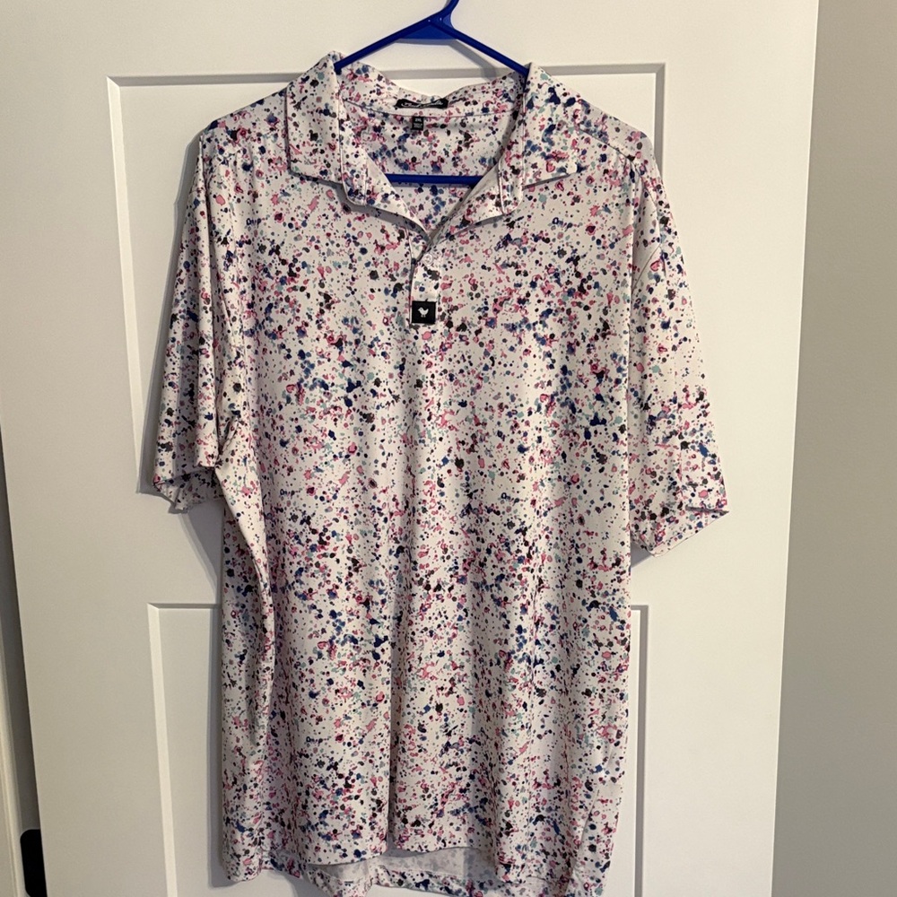 Bad Birdie White Polo with Colorful Splatter
